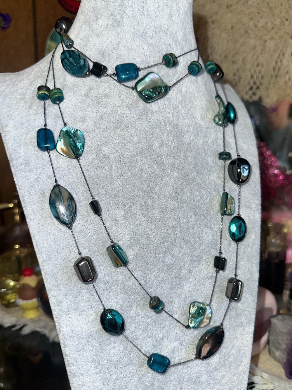 Dainty Chain Double Strand Shell, Glass & Wooden Bead Necklace